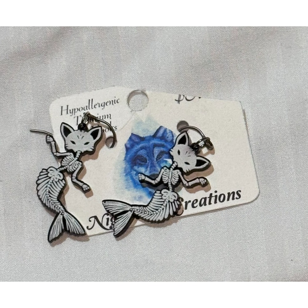 Night Wolf Creations Mermaid Cat Skeleton Dangle Earrings Womens Jewelry